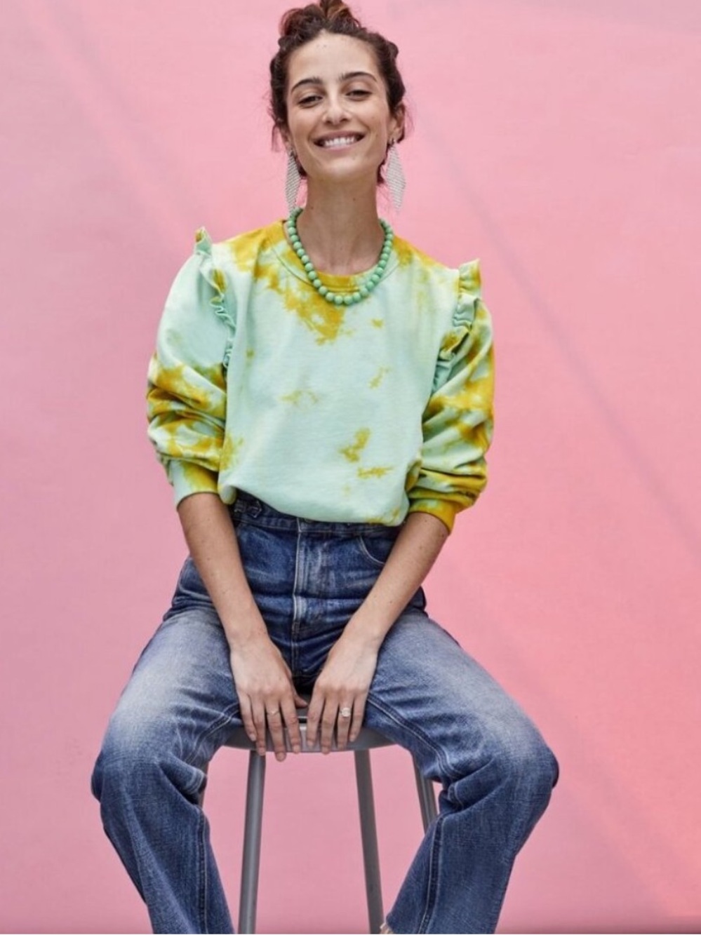 Clare V Sweatshirt Petit Ruffle Crewneck in Daiquiri Green & Marigold Tie Dye
